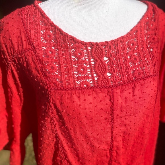 Short Sleeve Crochet Swiss Dot Blouse with Ruffle Hem - Picture 2 of 5